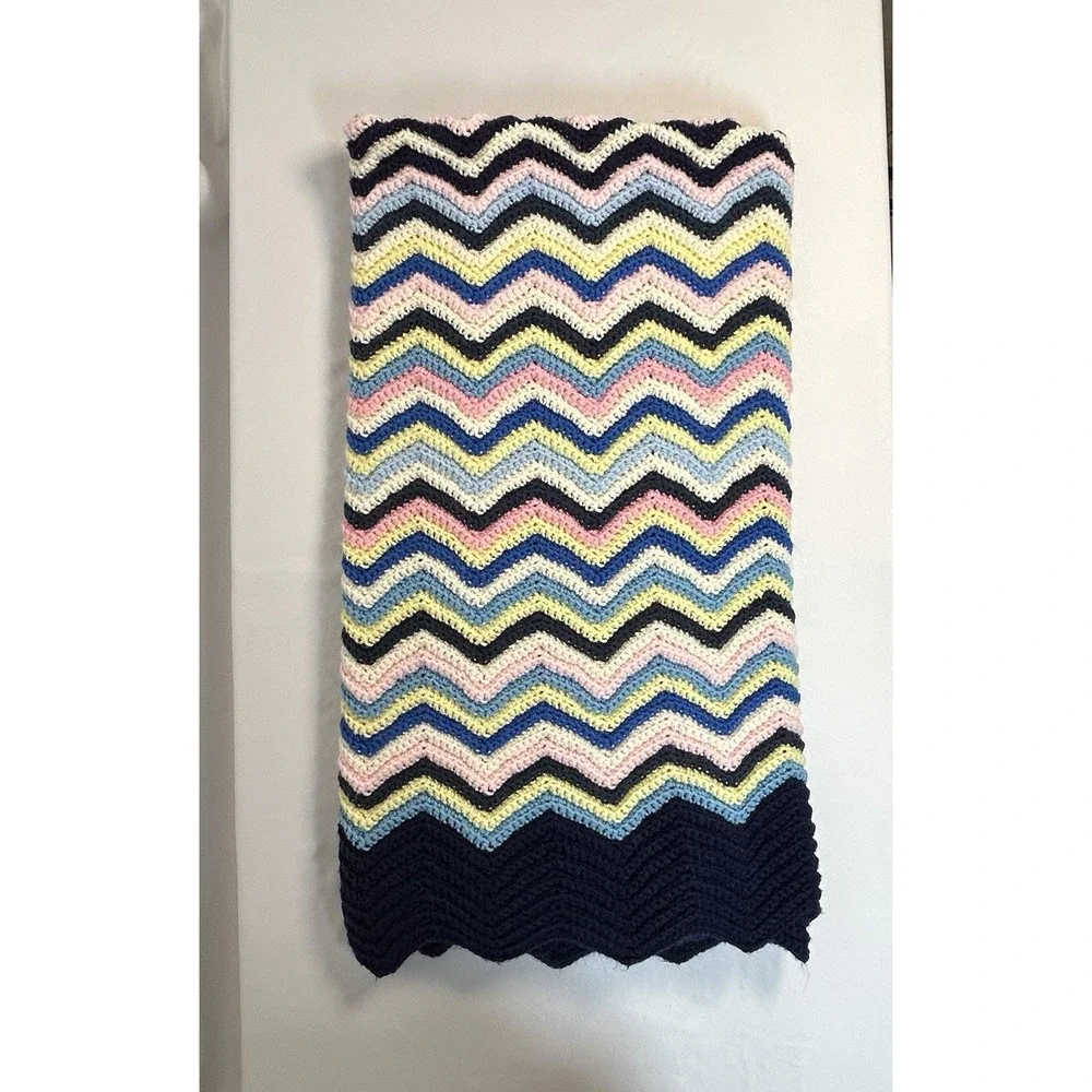 VTG Crocheted ‎ 70's Chevron Afghan Throw Blanket Blue Pink & Yellow 56